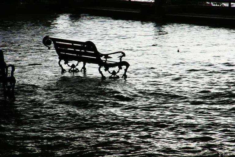 A black and white image of a park bench submerges party in water
