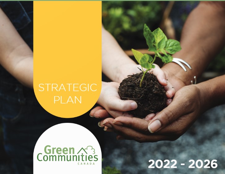 Front cover of GCC's Strategic Plan document showing adult hands cradling a child's hands that are holding a clump of dirt with a plant growing out of it.