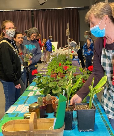 People standing on both sides of a table filled with plants.