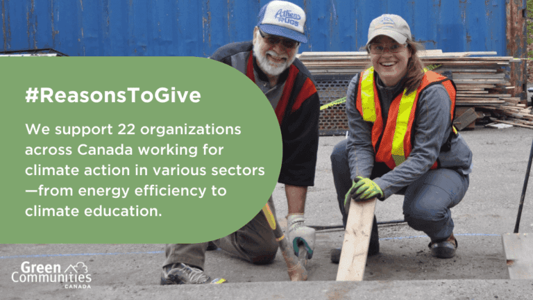 A man and a woman wearing ball caps and safety vests bending down and picking up a slab of pavement using a pick axe and a wooden board. Giving Tuesday text appears on the left side of the photo.