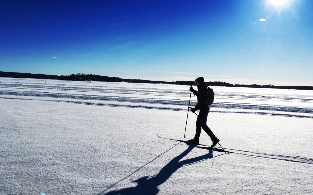 A person cross country skiing on a snow covered field on a bright sunny day.