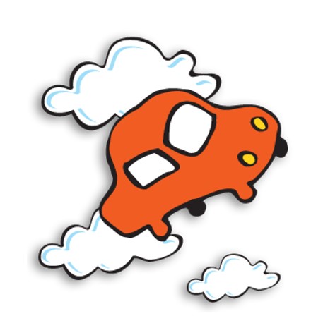 Red car graphic surrounded by three white clouds