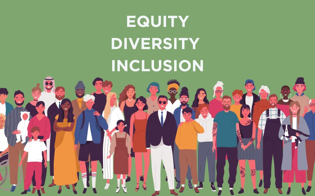 Graphic of people from many cultures, age groups, and genders standing in a row with the words Equity Diversity Inclusion above their heads.