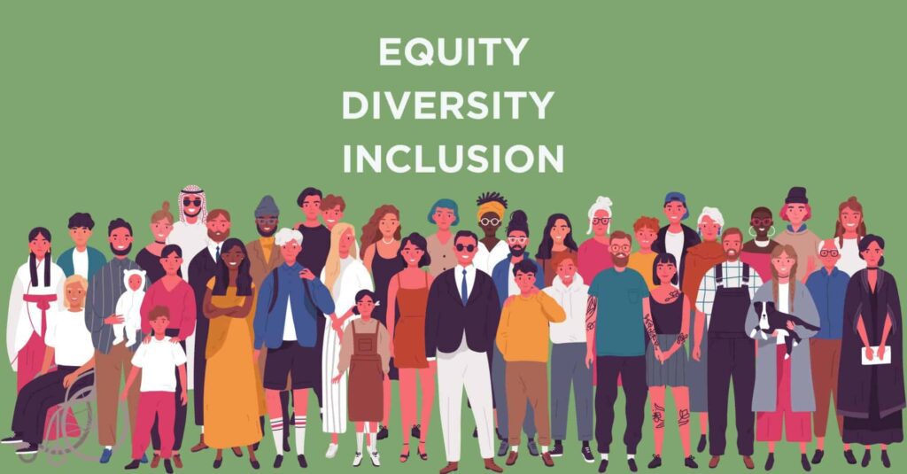 Graphic of people from many cultures, age groups, and genders standing in a row with the words Equity Diversity Inclusion above their heads.