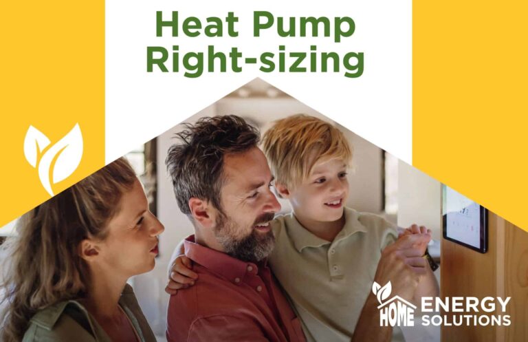 Graphic showing photo of family of 3 looking at thermostat with text that says Heat Pump Right-sizing Service and logos for Green Communities Canada and Home Energy Solutions
