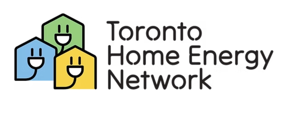 Three house icons on green, yellow, and blue with a smiley face inside. "Toronto Home Energy Network" text is to the right of the house icons.