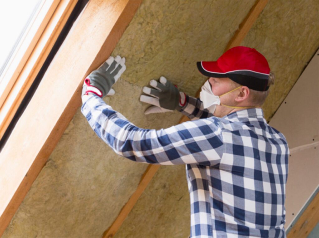 main installing insulation in ceiling
