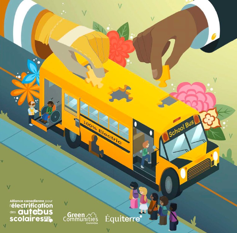 Un graphique montrant un autobus scolaire jaune animé. Deux mains placent des pièces de puzzle dans les sections supérieures de l'autobus scolaire. Les logos d'ACEAS, GCC et Équiterre se trouvent en bas à gauche.