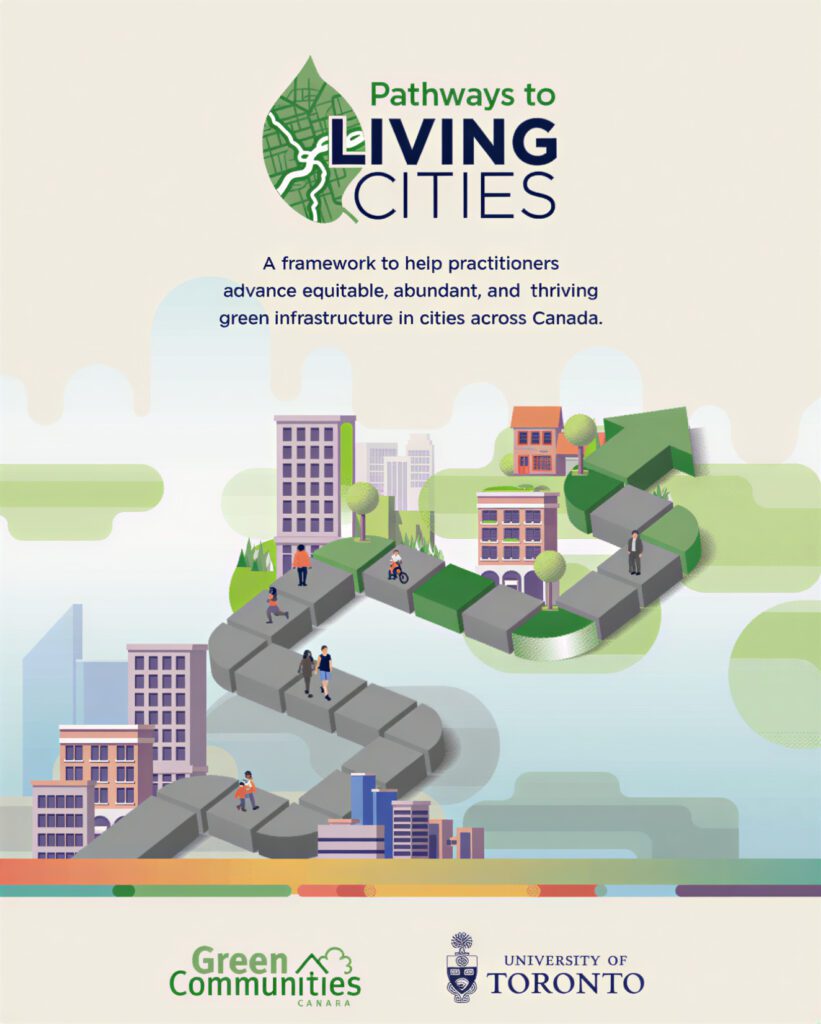 Branded graphic for “Pathways to Living Cities” with logos for Green Communities Canada and University of Toronto. The digital image shows a winding arrow-shaped path moving through buildings and green spaces, with people walking and biking along it.