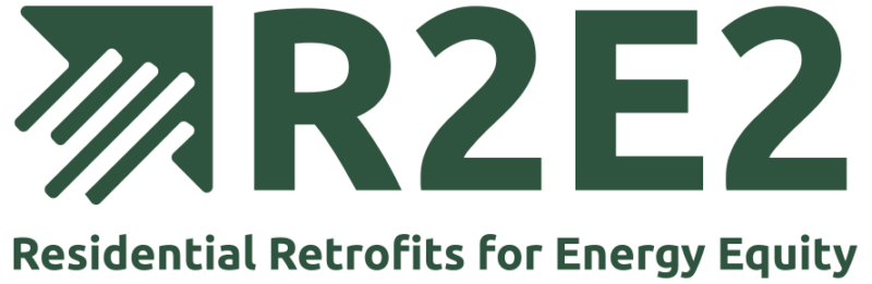 Logo reading ‘R2E2 Residential Retrofits for Energy Equity’ in green text, featuring a graphic that resembles both an arrow and the roof of a house.