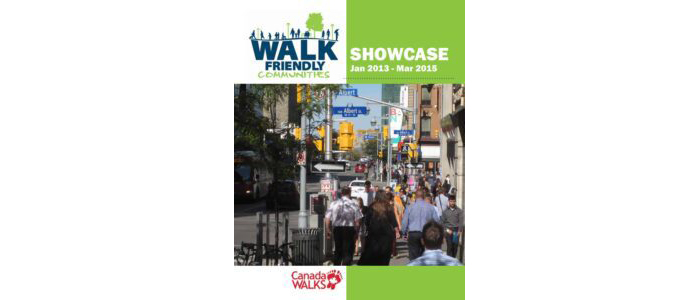 Walk Friendly Ontario Showcase cover image. The 'Canada Walks' logo is at the bottom left, and there is an image of a busy street with pedestrians walking along a crowded sidewalk.