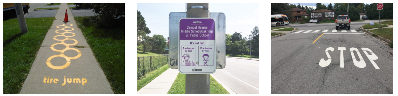 Street sign for Samuel Hearne Middle School and Oakridge Jr. Public School showing travel times: 5 minutes by bike and 15 minutes by foot.