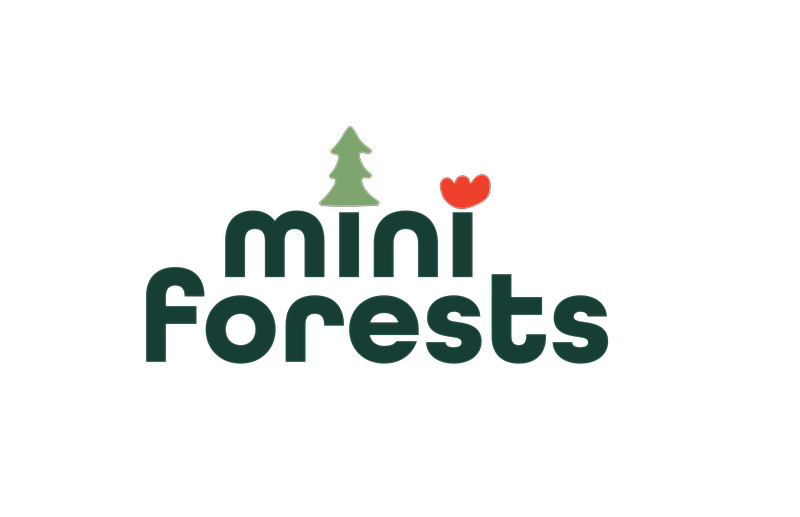 Logo for Mini Forests. The word "mini" is stylized with a green tree replacing the dot on the first "i" and a red flower shape replacing the dot on the second "i."