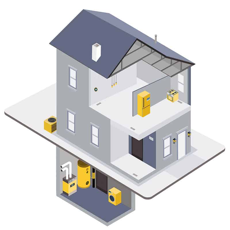 Illustration of a house with mechanical heating items highlighted in yellow