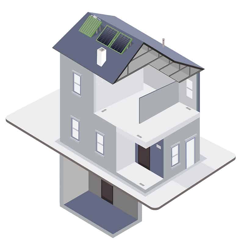 Illustration of a house with renewable sources of heating items highlighted in green