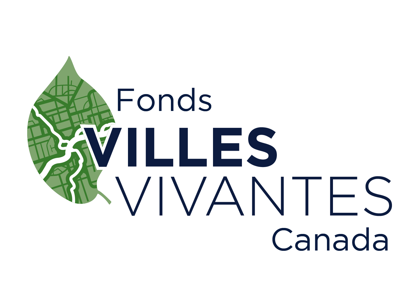 Logo for "Fonds Villes Vivantes Canada" featuring leaf with veins that look like road atlas of city.