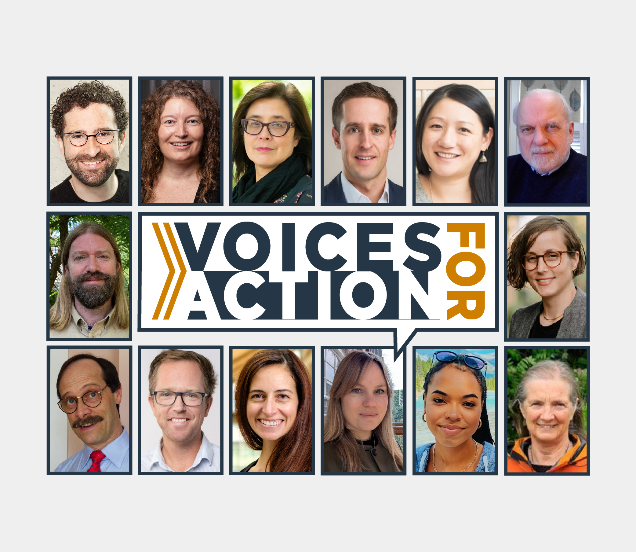 Speech bubble in middle with Voices for Action logo inside it. Around outside eight smiling faces of past panelists.