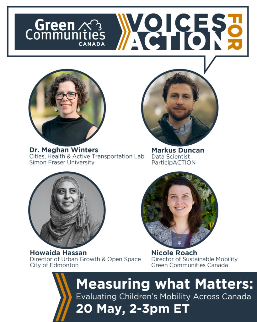 Voices for Action promotional graphic with Green Communities Canada logo at top, showing four circular headshots for Dr. Meghan Winters, Markus Duncan, Howaida Hassan, and Nicole Roach, title Measuring what Matters: Evaluating Children's Mobility across Canada, date May 20 at 2pm ET.