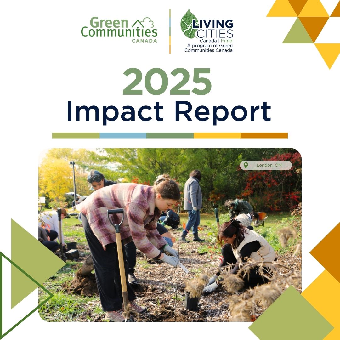 Decorative tile featuring photo of adult and youth planting a tree in London, ONT. Title is 2025 Impact Report with logos for Green Communities Canada and Living Cities Canada Fund.