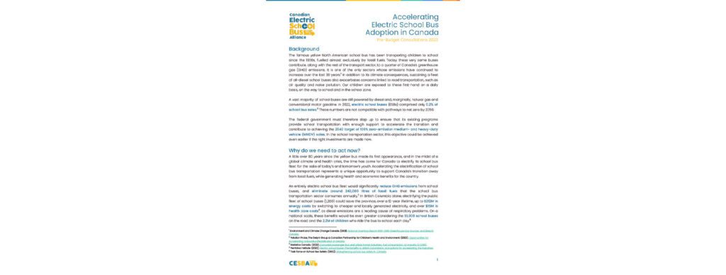 first page of this brief that provides an overview of federal funding for electric school buses and presents 2023 budget recommendations from CESBA.
