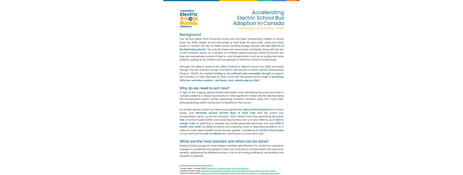 first page of this brief that provides an overview of federal funding for electric school buses and presents 2024 budget recommendations from CESBA.