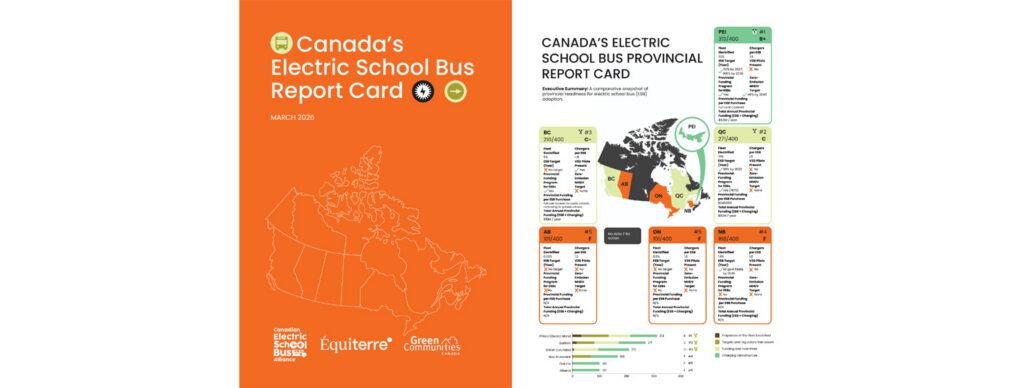 Banner with cover of report on left, titled "Canada's Electric School Bus Report Card" showing logos for Green Communities Canada and Equiterre. Right side is detailed infographic of findings.