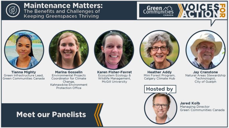 Voices for Action promotional graphic with Green Communities Canada logo at top, showing four circular headshots for Heather Addy Calgary Climate Hub, Jay Cranstone City of Guelph, Tianna Mighty Green Communities Canada, Marina Gosselin Kahnawà:ke Environment Protection Office, Karen Fisher-Favret McGill University. Title of event is Maintenance Matters: The Benefits and Challenges of Keeping Greenspaces Thriving, April 9, 2-3PM ET.