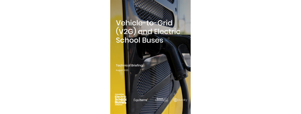 Banner featuring title Vehicle-to-Grid (V2G) and Electric School Buses over close up photo of charging port on electric school bus.