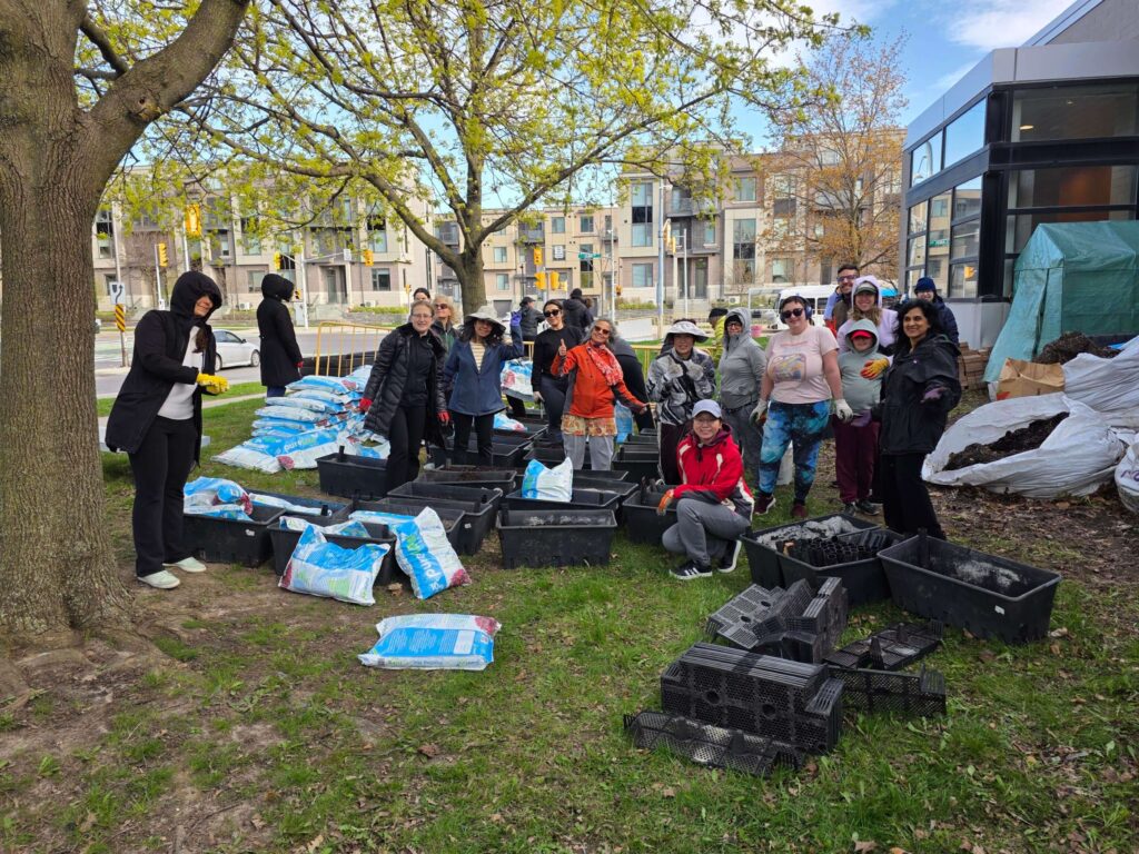 Community volunteers preparing planting beds with soil and native plants before installation.