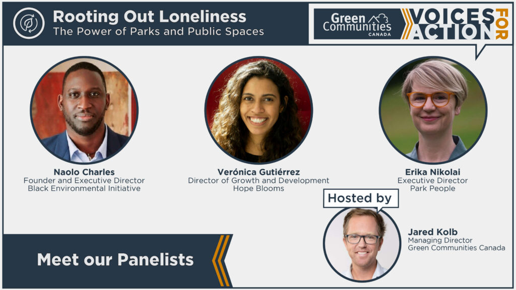 Graphic for Voices for Action panel about loneliness and parks with circular headshots of panelists.