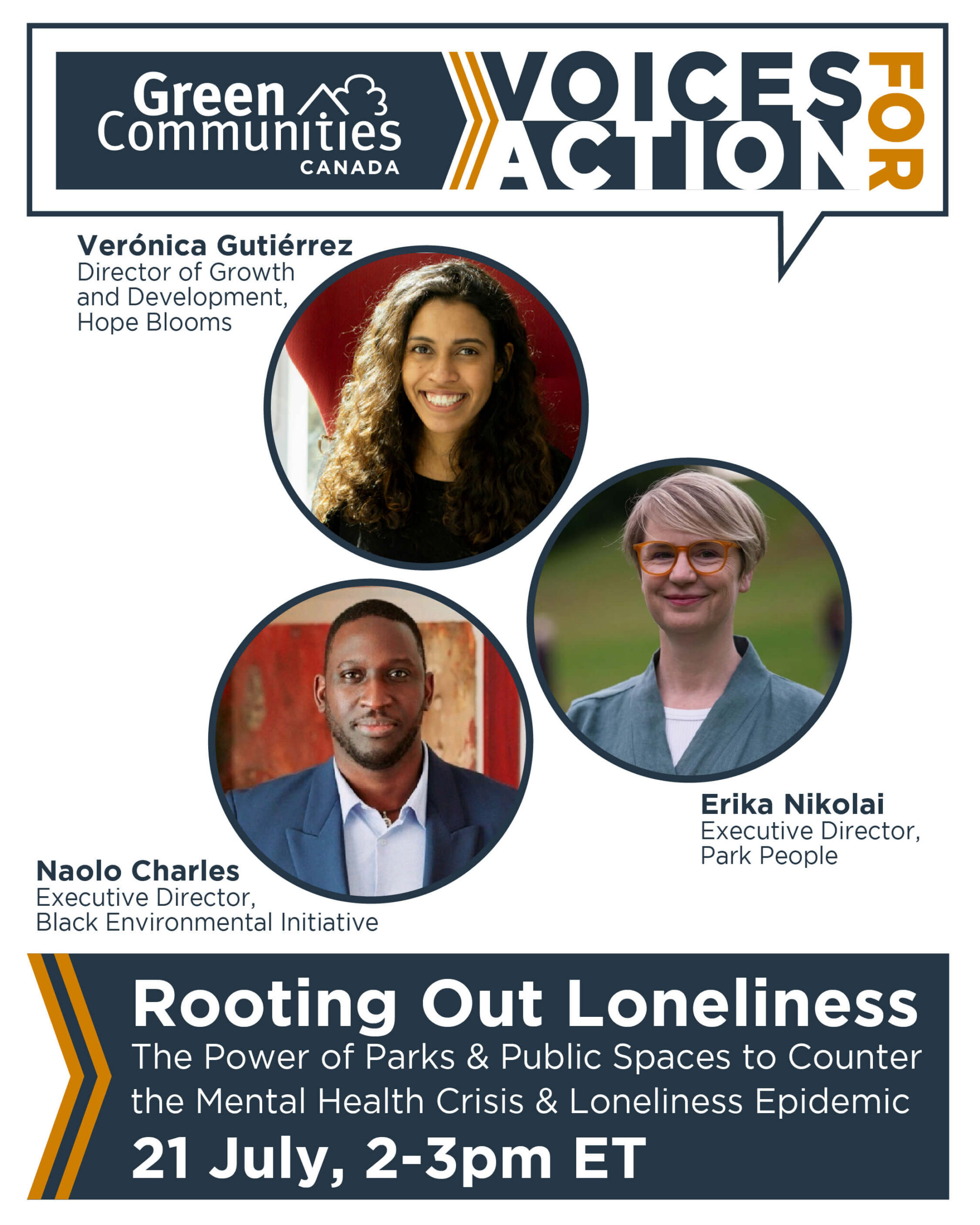 Decorative Voices for Action graphic featuring headshots and names of three panelists for July 21 event described on this webpage.