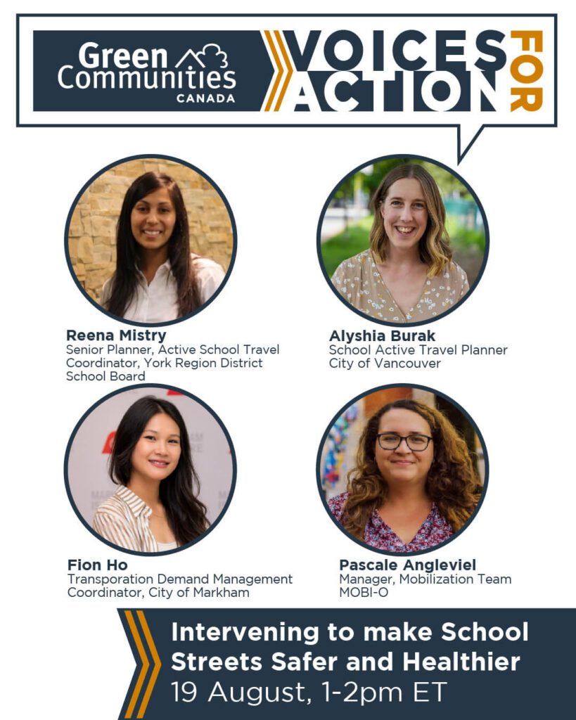 Voices for Action promotional graphic with title and date of event, featuring faces and job titles of four panelists.
