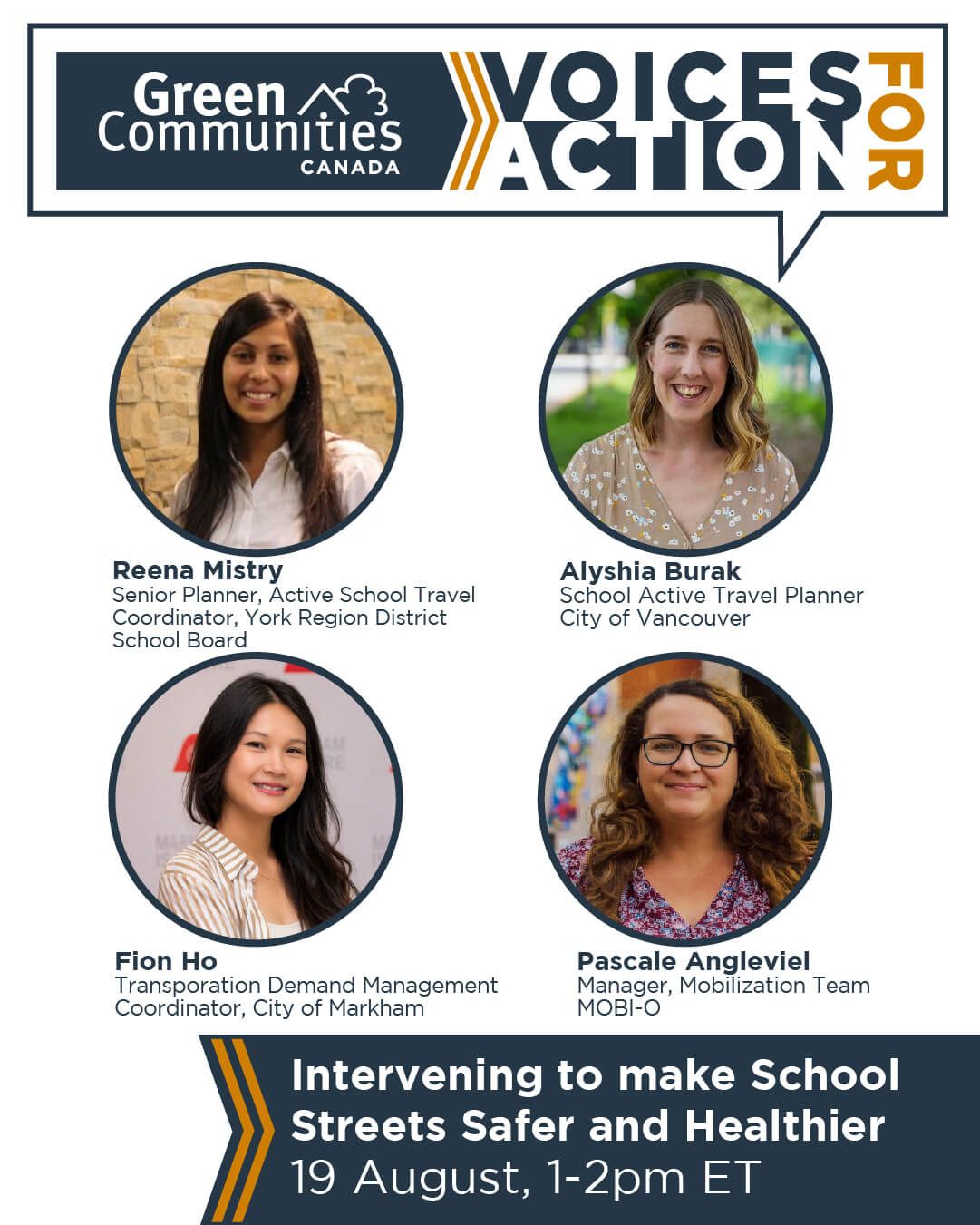 Voices for Action promotional graphic with title and date of event, featuring faces and job titles of four panelists.