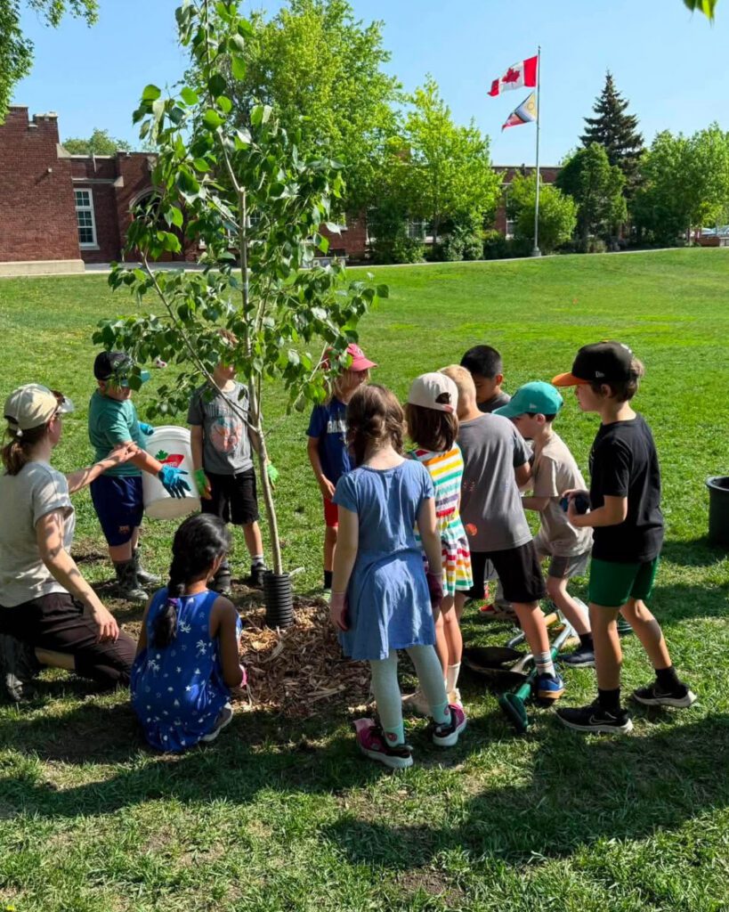 Elementary school students gathered around a newly planted tree during an outdoor planting event.