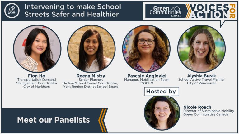 Graphic for Voices for Action panel about making school streets safer with circular headshots of panelists.