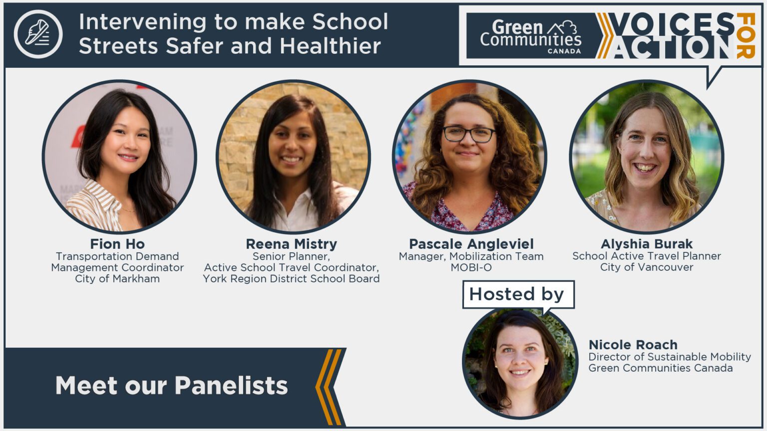 Graphic for Voices for Action panel about making school streets safer with circular headshots of panelists.