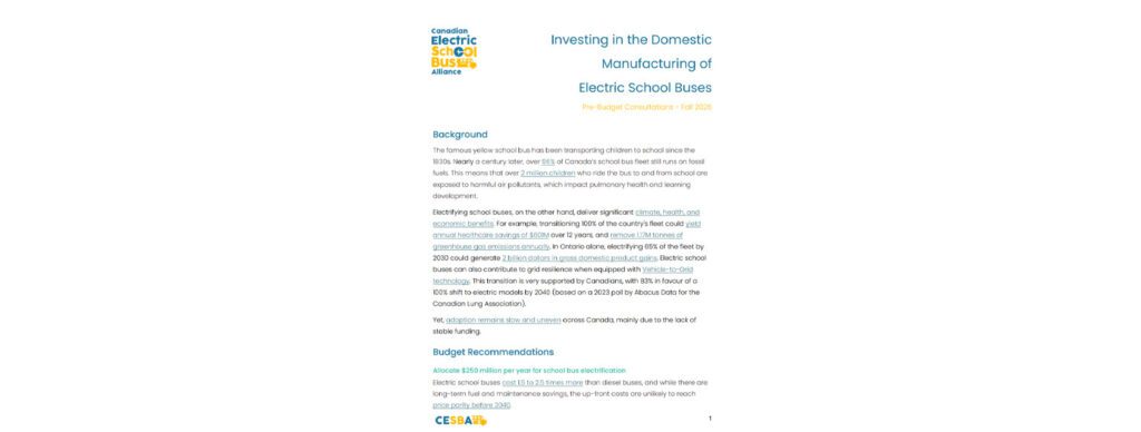 first page of this brief that provides an overview of federal funding for electric school buses and presents 2026 budget recommendations from CESBA.