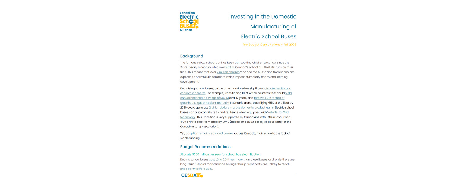 first page of this brief that provides an overview of federal funding for electric school buses and presents 2026 budget recommendations from CESBA.