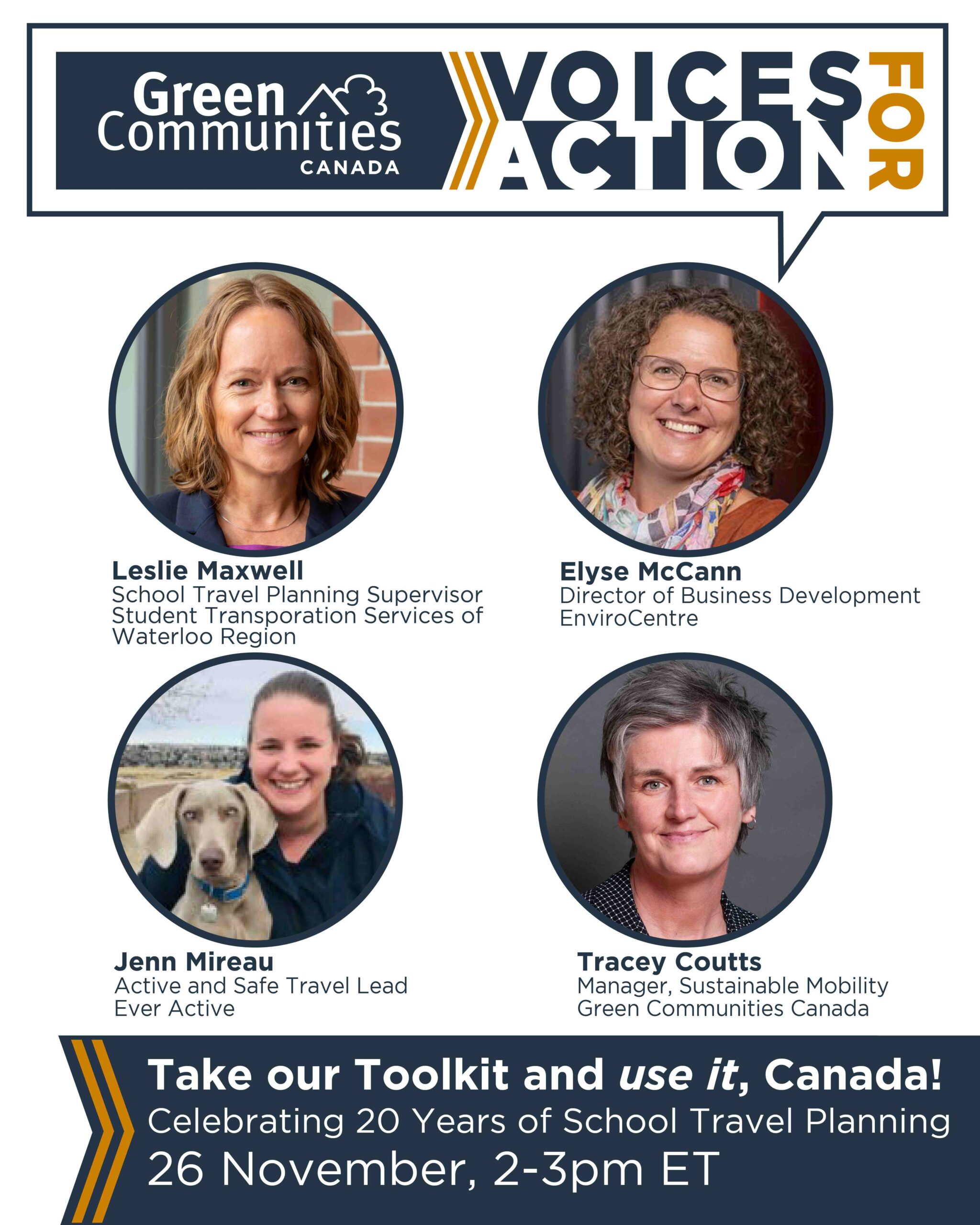 Graphic with text saying Voices for Action - Take our Toolkit and use it Canada! Celebrating 20 Years of School Travel Planning. 26 November 2-3pm ET. Shows logo for Green Communities Canada. Features four circular headshots of panelists.